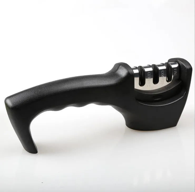Professional three-stage manual knife sharpener in black with anti-slip rubber feet