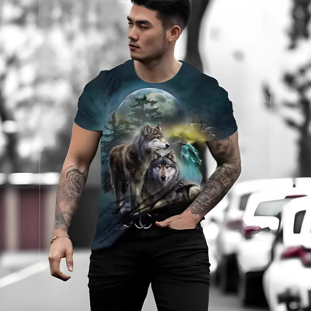 Retro 3D animal print on a men's short-sleeved light grey t-shirt.
