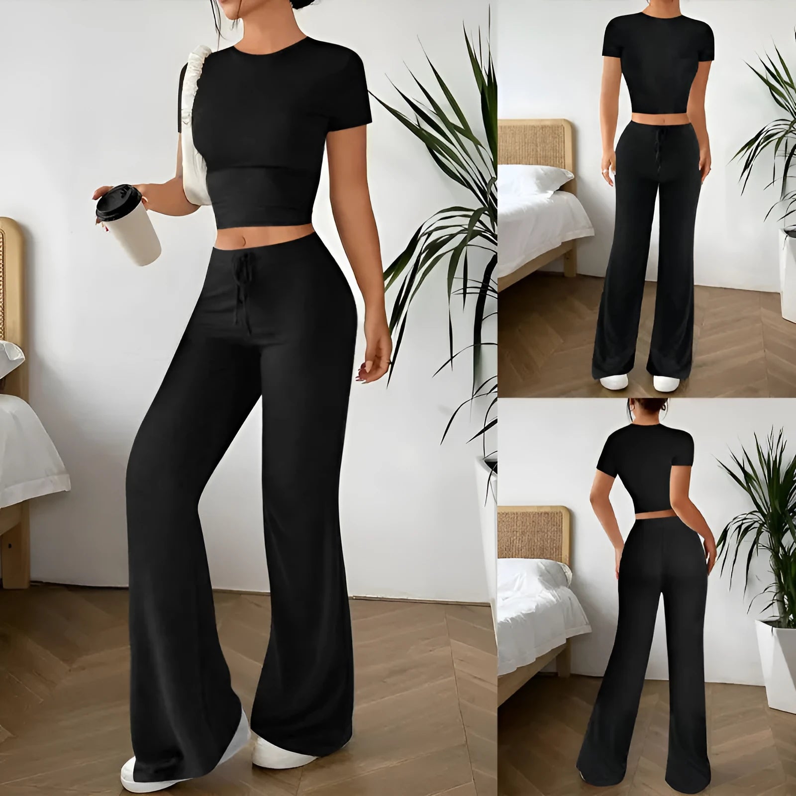 Black high waist trousers and short sleeve T-shirt suit set on hanger