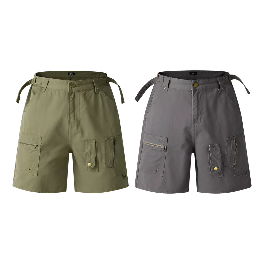 Retro washed cotton shorts for men and women with a zip fly and loose fit, shown in grey, green, camouflage, or blue.
