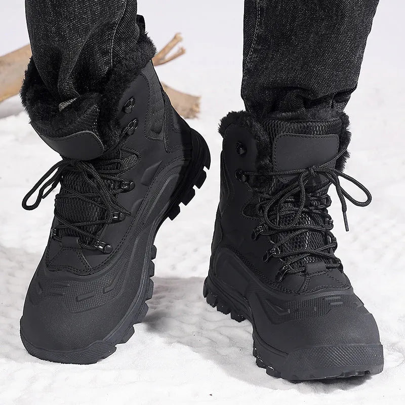 Men's black high-top boots with fleece lining and lace-up front, shown from the side.