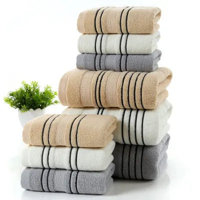 Pure cotton bath towel set showing large bath towel and two matching hand towels in available colours