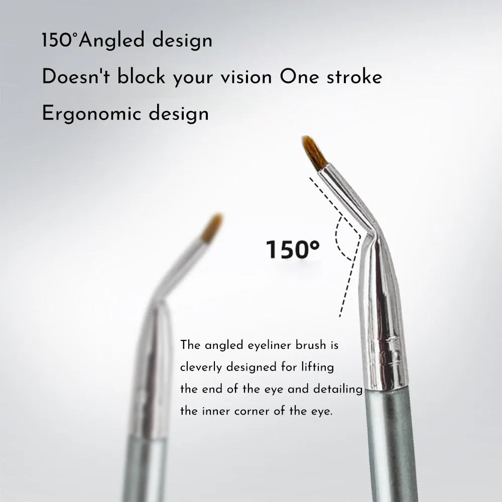 Close-up of a bend head eyeliner brush with a fine tapered tip for detailed eye makeup