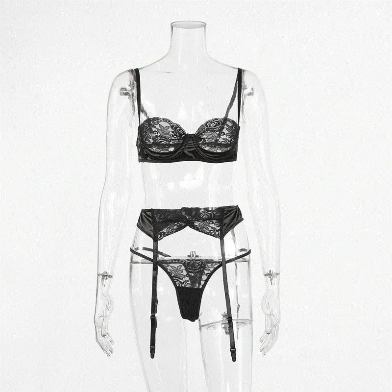 Lace perspective lingerie set with three-quarter cup bra in black and white, including knickers