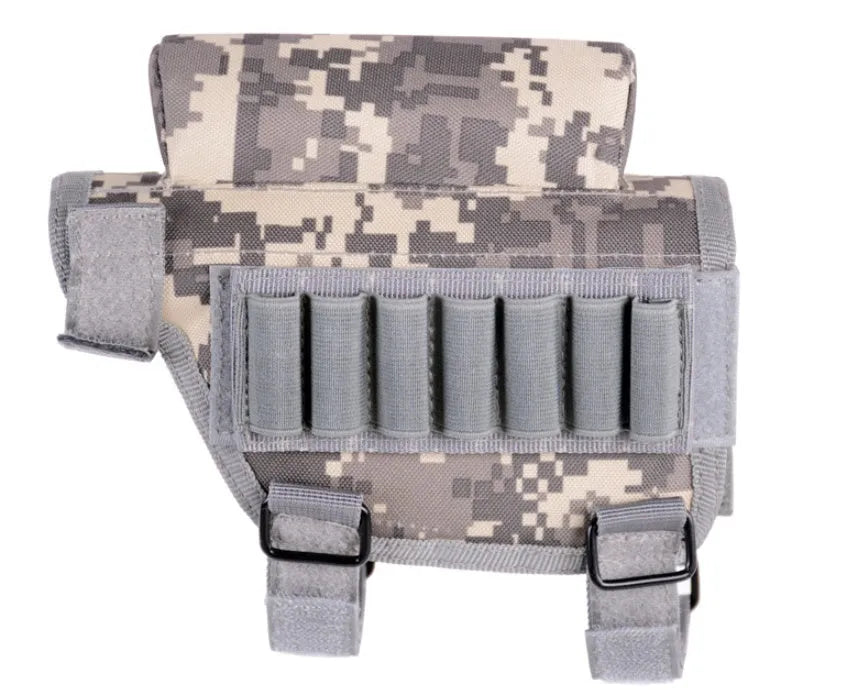 Adjustable buttstock cheek rest with non-slip padding pad and seven-round cartridge holder in army green