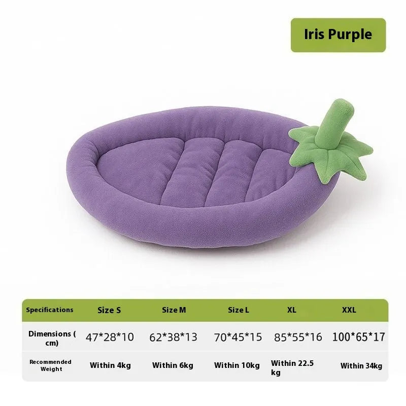 Removable washable cloth dog mat in purple, shown in a pet crate with size options S, M, L, XL, XXL.