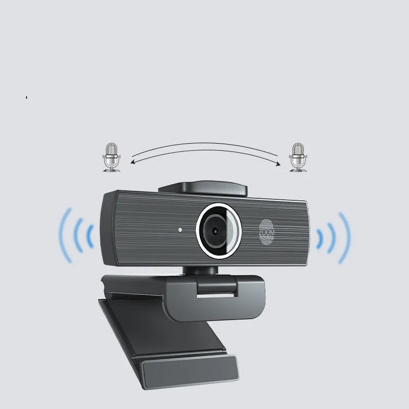Black USB computer webcam with magnetic privacy cover, 8MP resolution, for video conferences