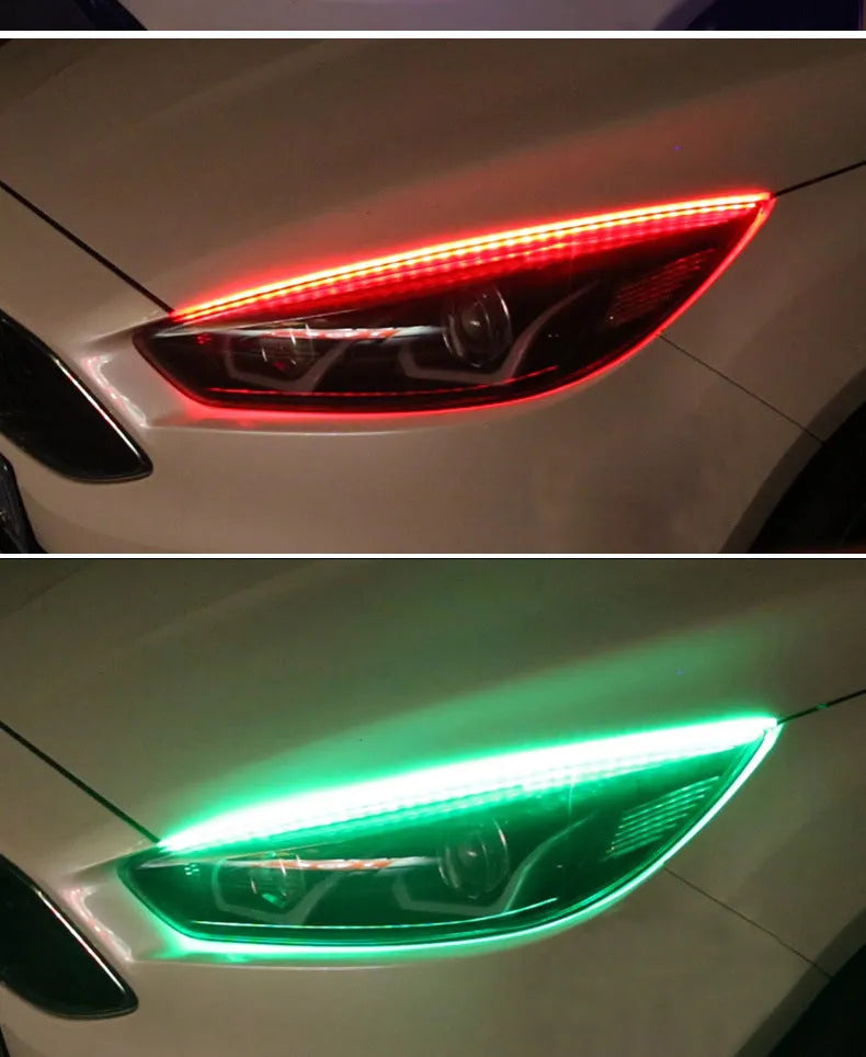 Colourful RGB LED daytime running light strip with remote control for vehicles.