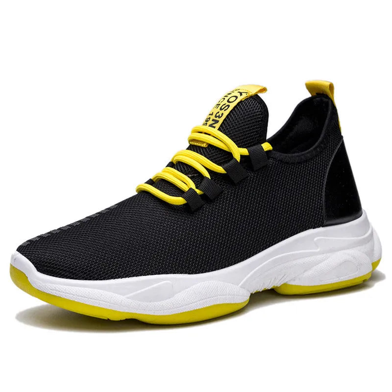 Men's black white breathable mesh lace-up casual sneakers with plastic sole and flat heel