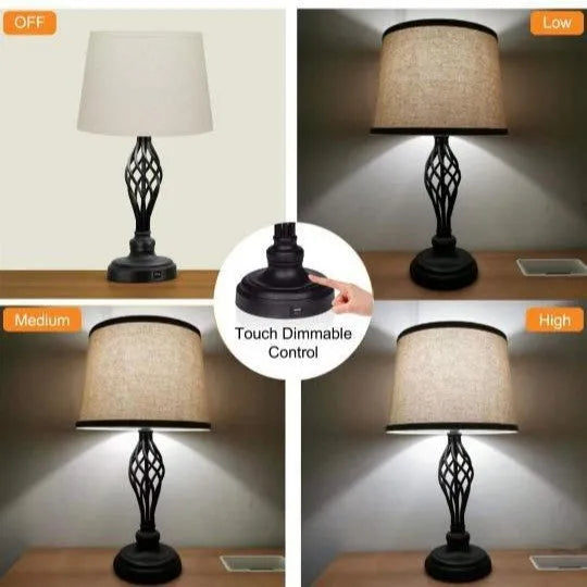 European-style alloy bedside table lamp with touch controls and USB charging socket in silver metallic finish