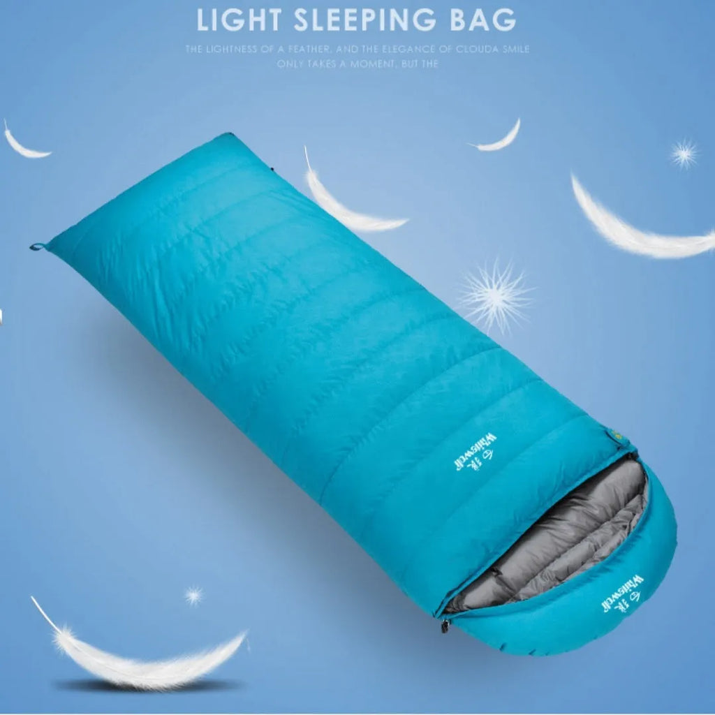 Black outdoor sleeping bag with envelope design, shown with options for goose down or velvet insulation weights.