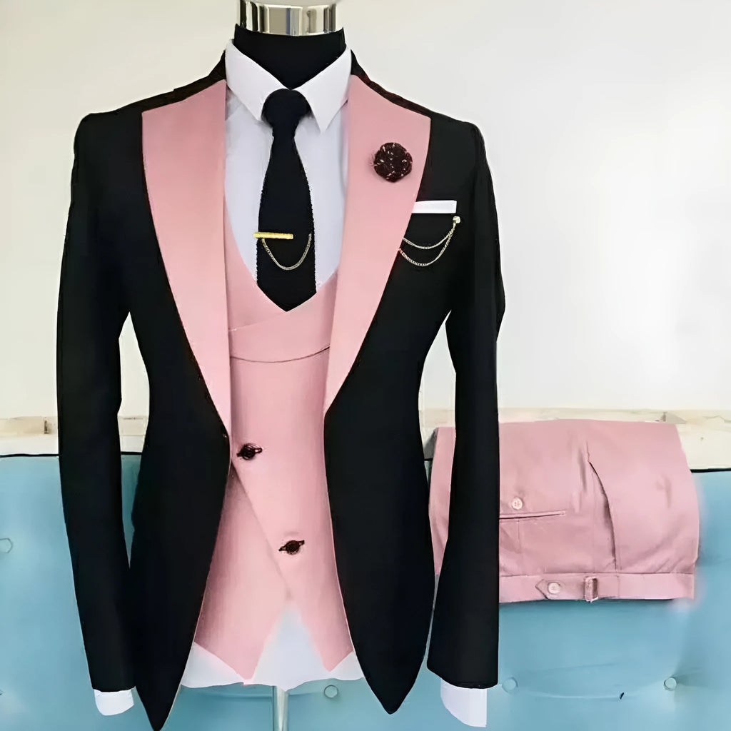 Men's slim fit three-piece cotton business suit with coat, vest, and trousers for formal occasions