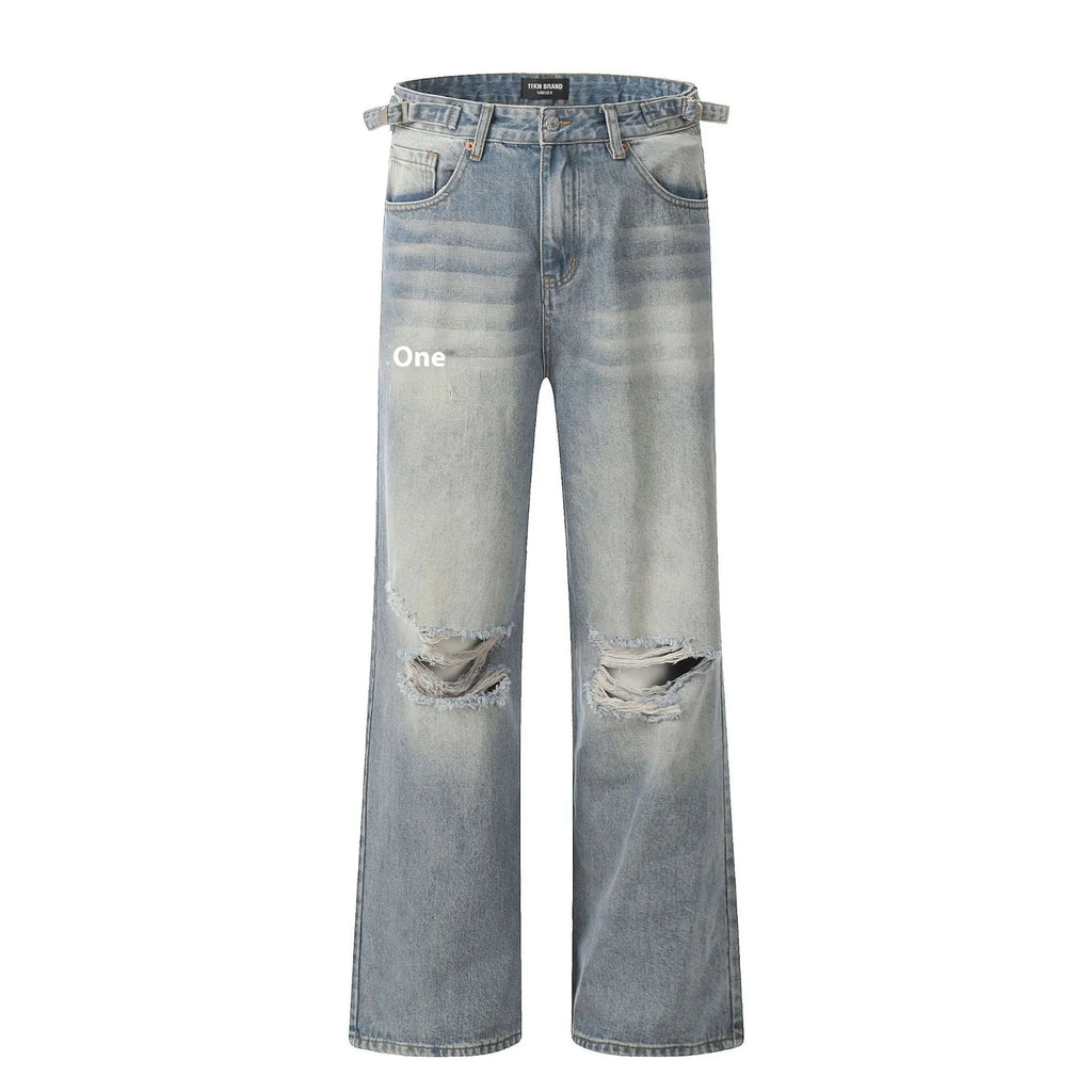 Blue cotton blend straight-leg men's jeans with zipper fly and retro styling