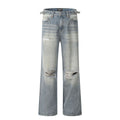 Blue cotton blend straight-leg men's jeans with zipper fly and retro styling