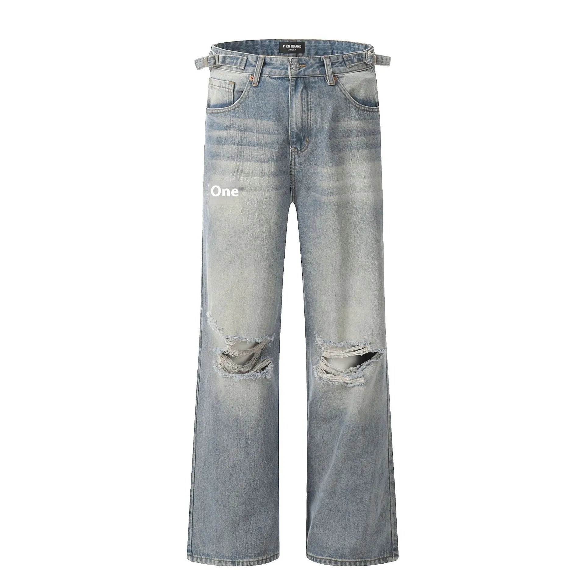 Blue cotton blend straight-leg men's jeans with zipper fly and retro styling