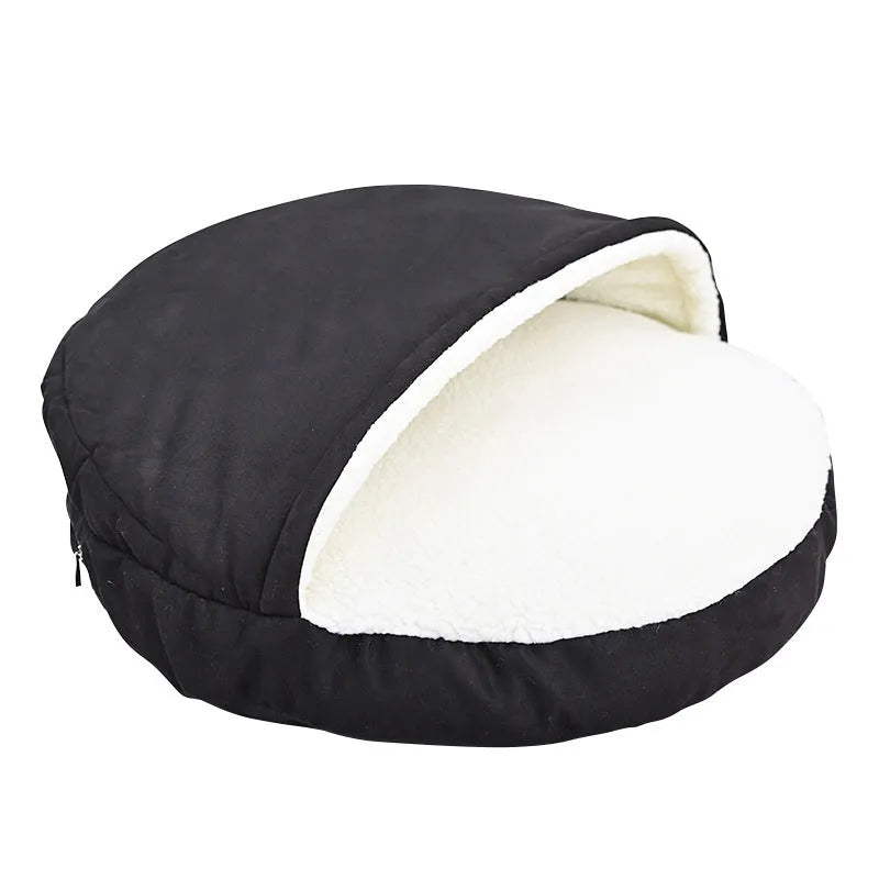 Brown cloth dog kennel with a removable cover for washing, shown in a home setting.