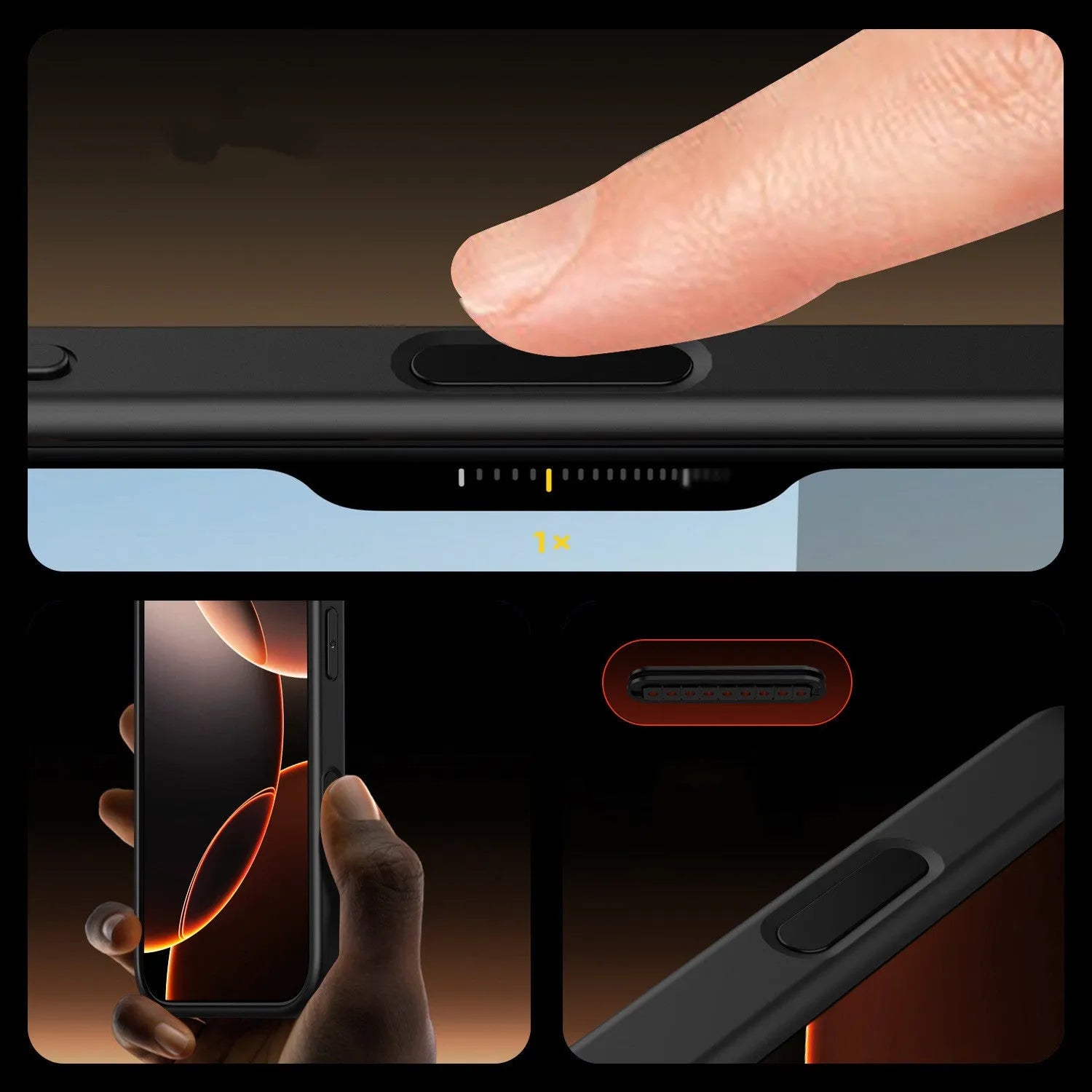 Transparent black magnetic phone case for iPhone 16 with airbag corners and integrated magnetic ring