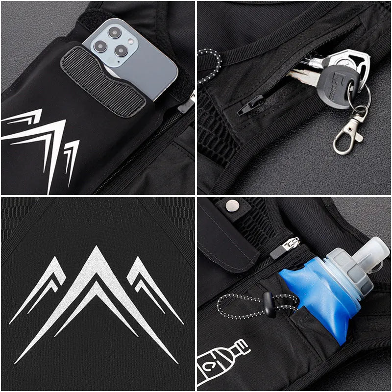 Black breathable mesh running vest with integrated hydration pack and front phone pocket for outdoor sports.