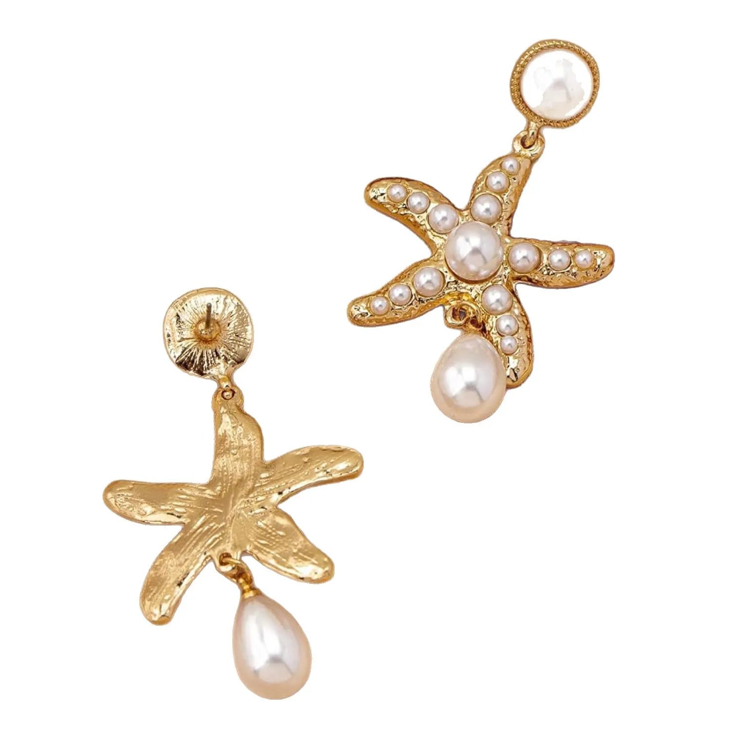 Women's silver-tone pearl starfish earrings on light background