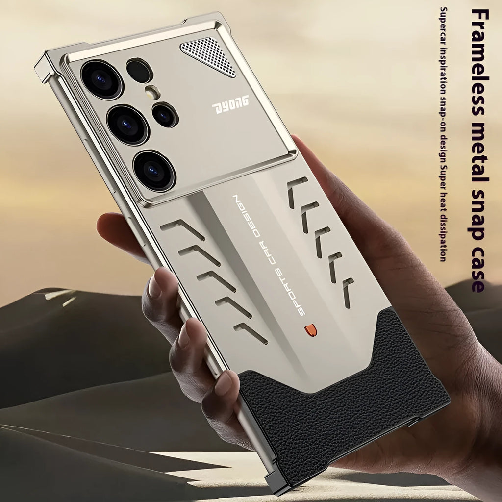 Automatic fastener aluminium alloy phone case for Samsung S24 Ultra in Titanium Gray with bracket stand