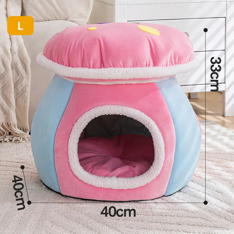 Grey plush mushroom-shaped cat bed with a detachable blanket inside a pet cage.