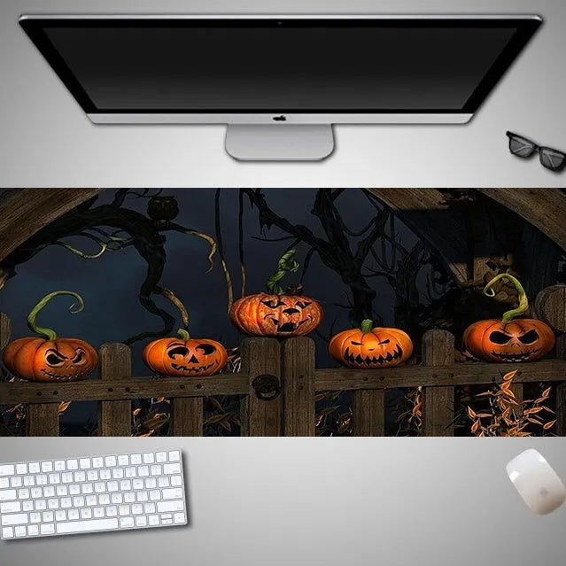 Oversized Halloween-themed mouse pad with non-slip rubber cloth backing shown in one of 28 available pattern designs