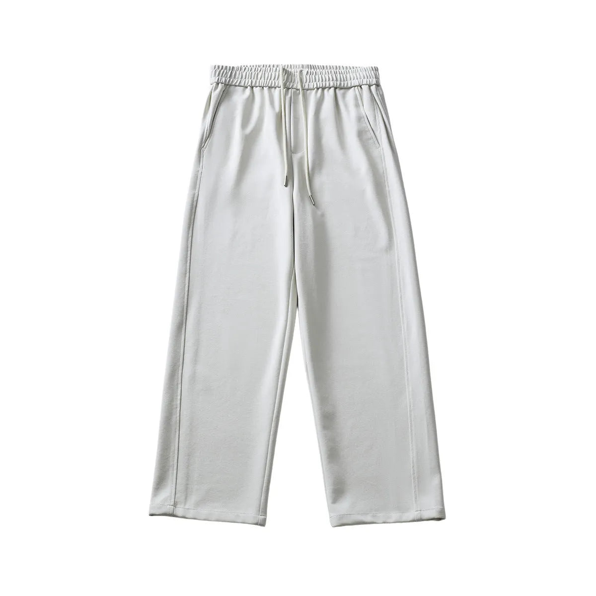 Men's grey high-waisted casual trousers with a lace-up front detail on a plain background.