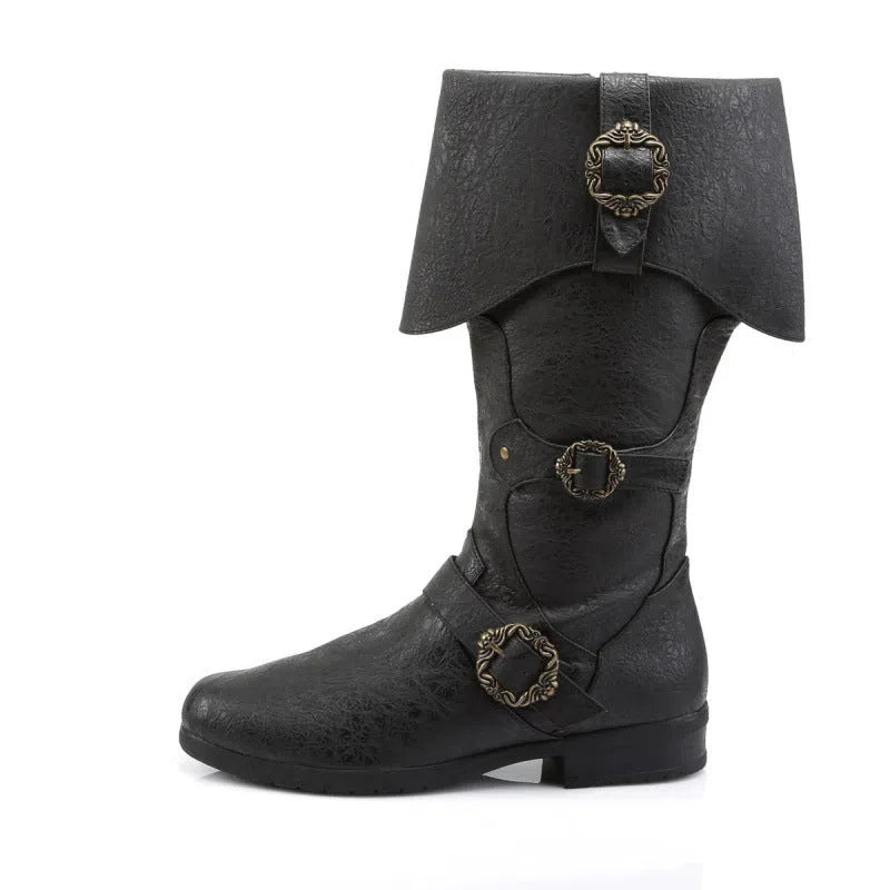 Medieval Renaissance cosplay boots in dark brown with high shaft, chunky heel, and turn-up design