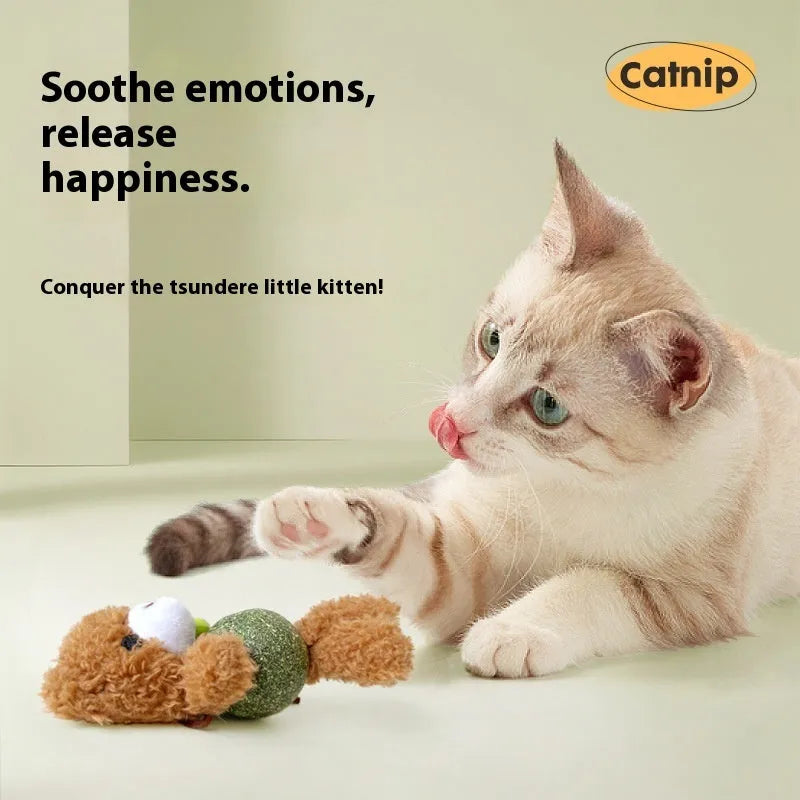 Plush catnip toy shaped like a small doll with a mint ball, in brown bear, pink rabbit, green frog or piyopiyo colour.