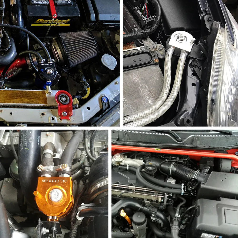 Aluminium alloy engine oil breathable pot breather kit in red, blue, black, and silver colours.