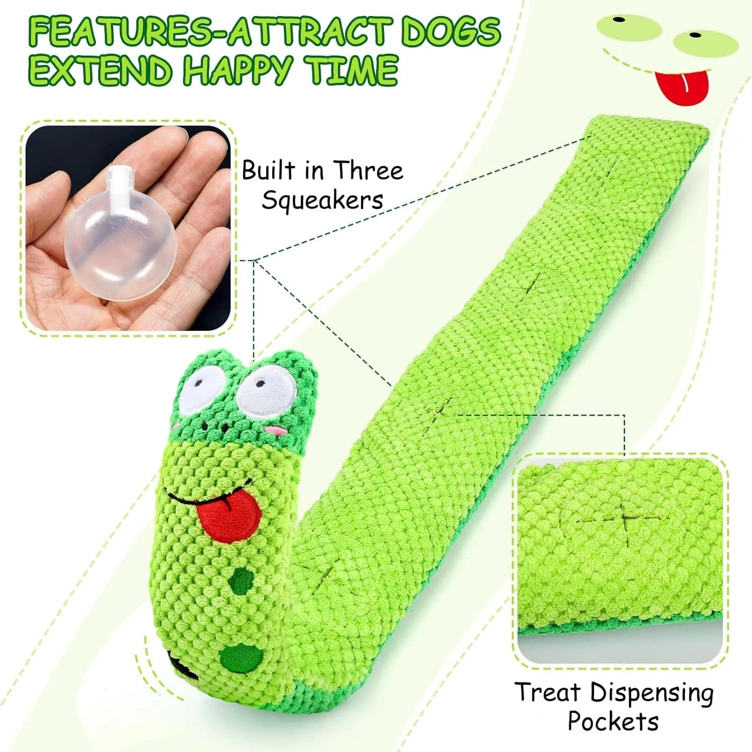 Reversible squeak dog snuffle toy in snail shape with hidden food holes, made of thick green velvet.