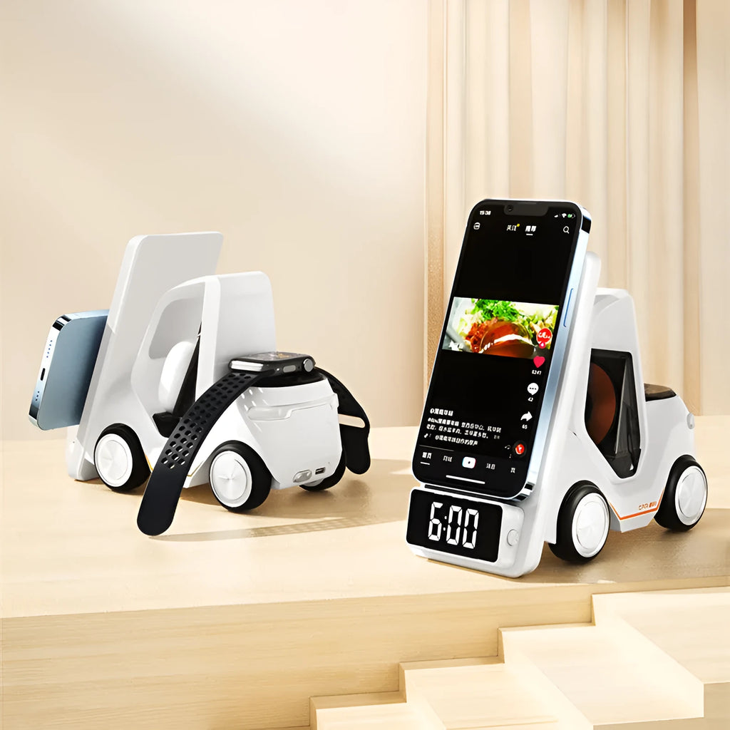 Grey three-in-one wireless charging stand holding a phone, earphones and a smart watch.