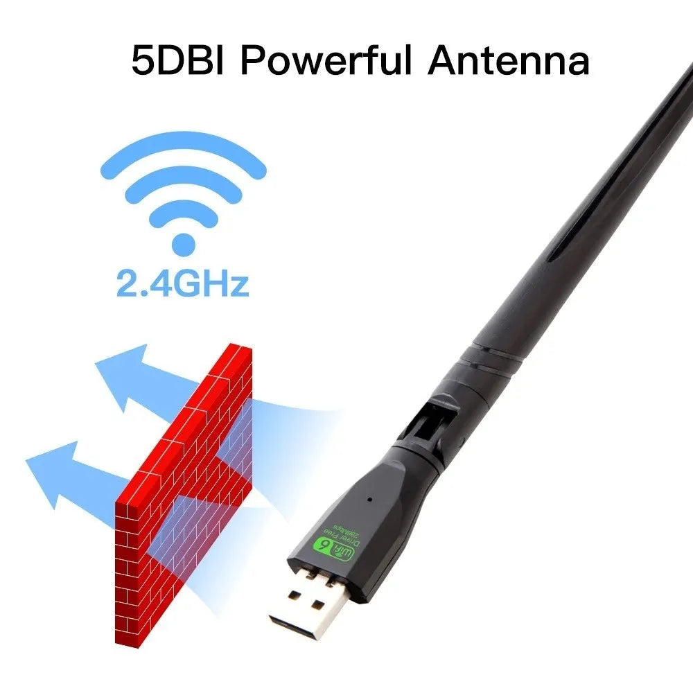 Black USB WiFi 6 wireless network adapter for desktop and laptop computers