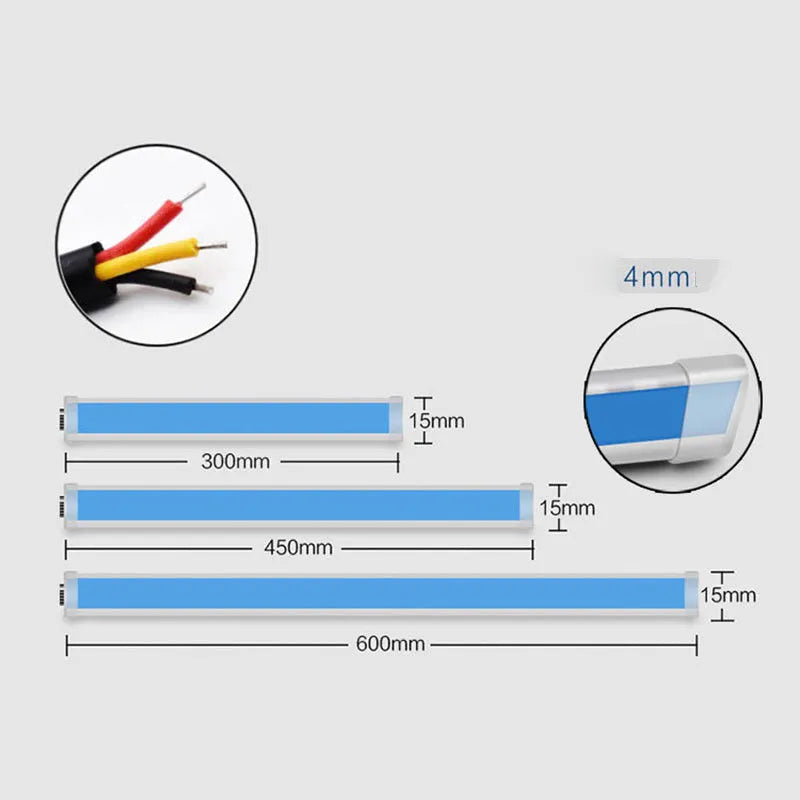 Silicone waterproof car LED strip for daytime running lights and flowing turn signals, showing wire connections.