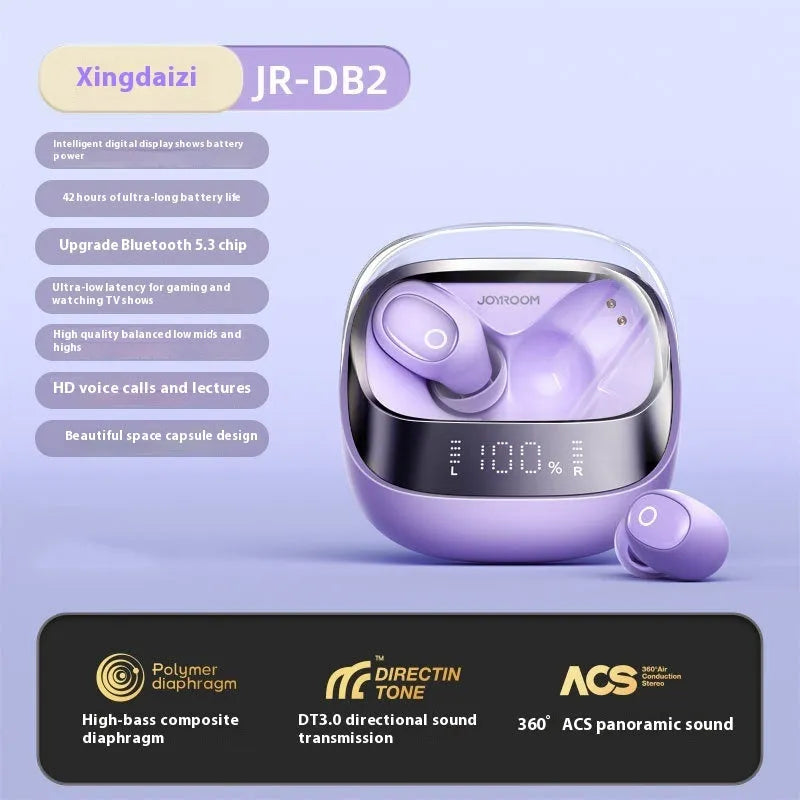 Beige wireless noise reduction in-ear headphones with charging case on a grey background.