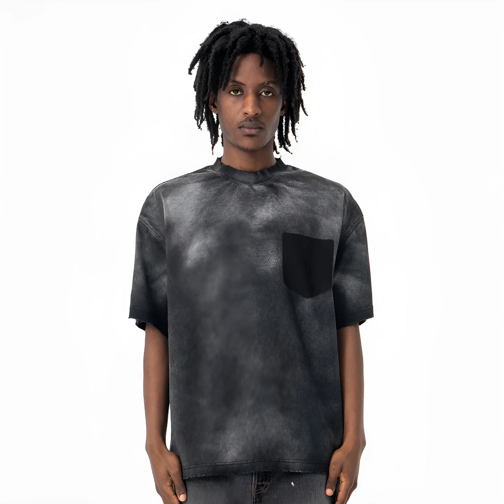 Black men's loose fit cotton T-shirt with printed white letter design and drop-shoulder sleeves