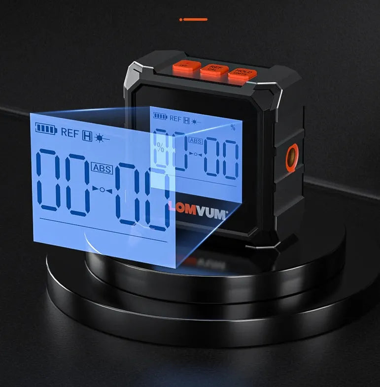 Digital laser infrared tape measure inclinometer with alloy casing and magnetic strips on a metal surface.