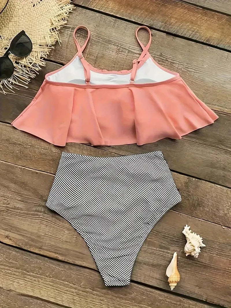 Women's conservative split swimsuit with ruffled detailing and high-waist briefs in polyester fabric