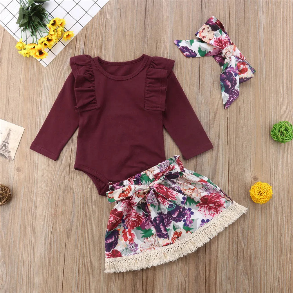 Ramia Ruffle Set for baby girls: pink long sleeve ruffle top with floral skirt and headband