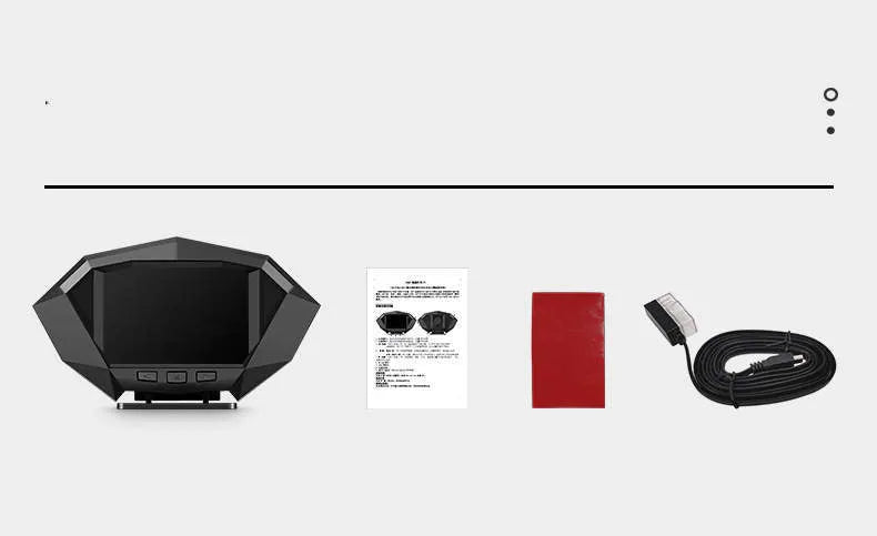 P1 model black vehicle head-up display unit with LCD screen, OBD cable, and anti-slip pad.