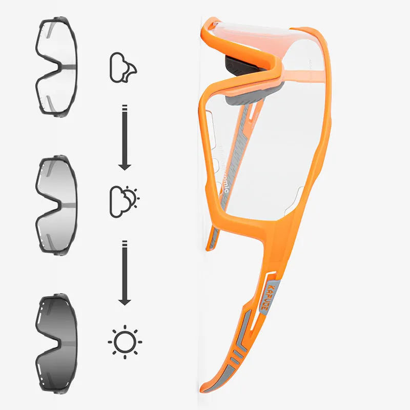Photochromic cycling sunglasses with a semi-rimless TR90 frame shown in one of fourteen available colours.