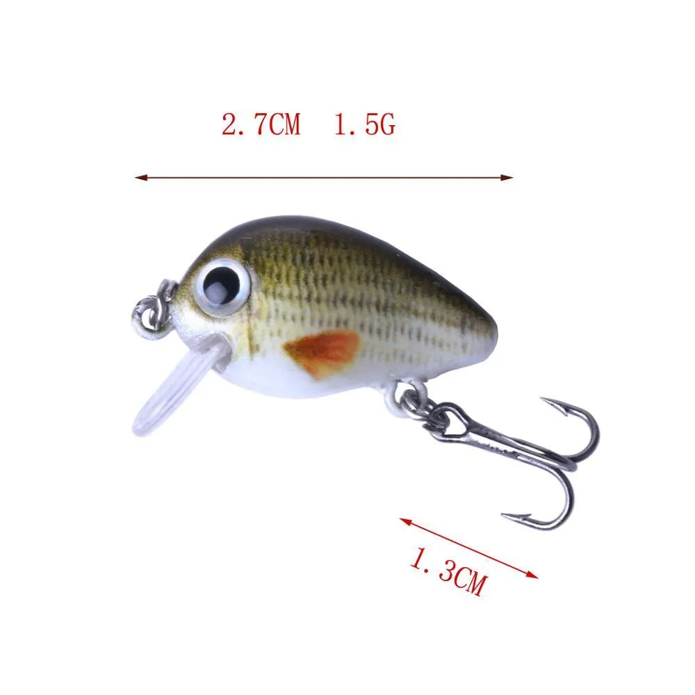 Mini crankbait fishing lures 2.7 cm 1.5 g with 3D holographic eyes and bright colours, 5-piece set in box