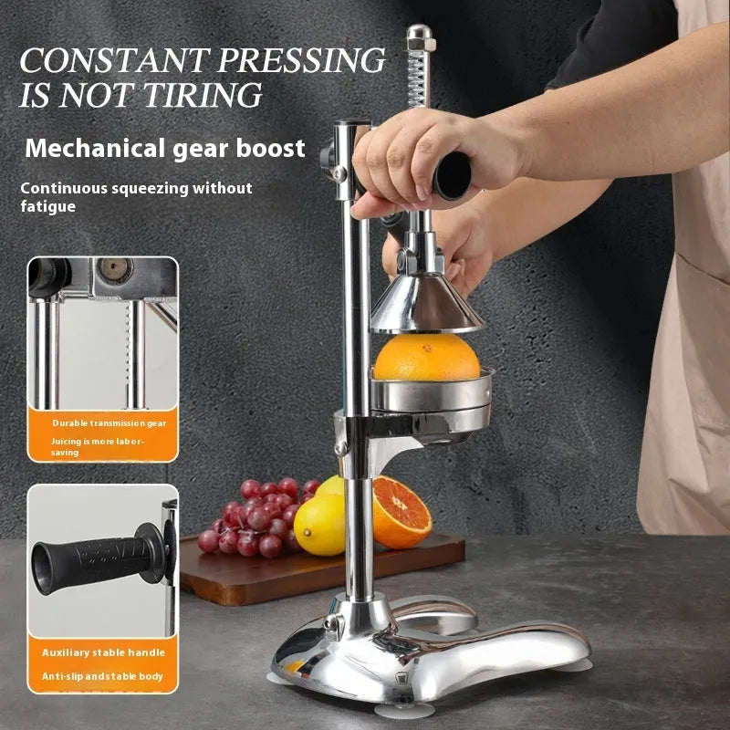 Stainless steel manual juicer with zinc alloy construction in five colour options