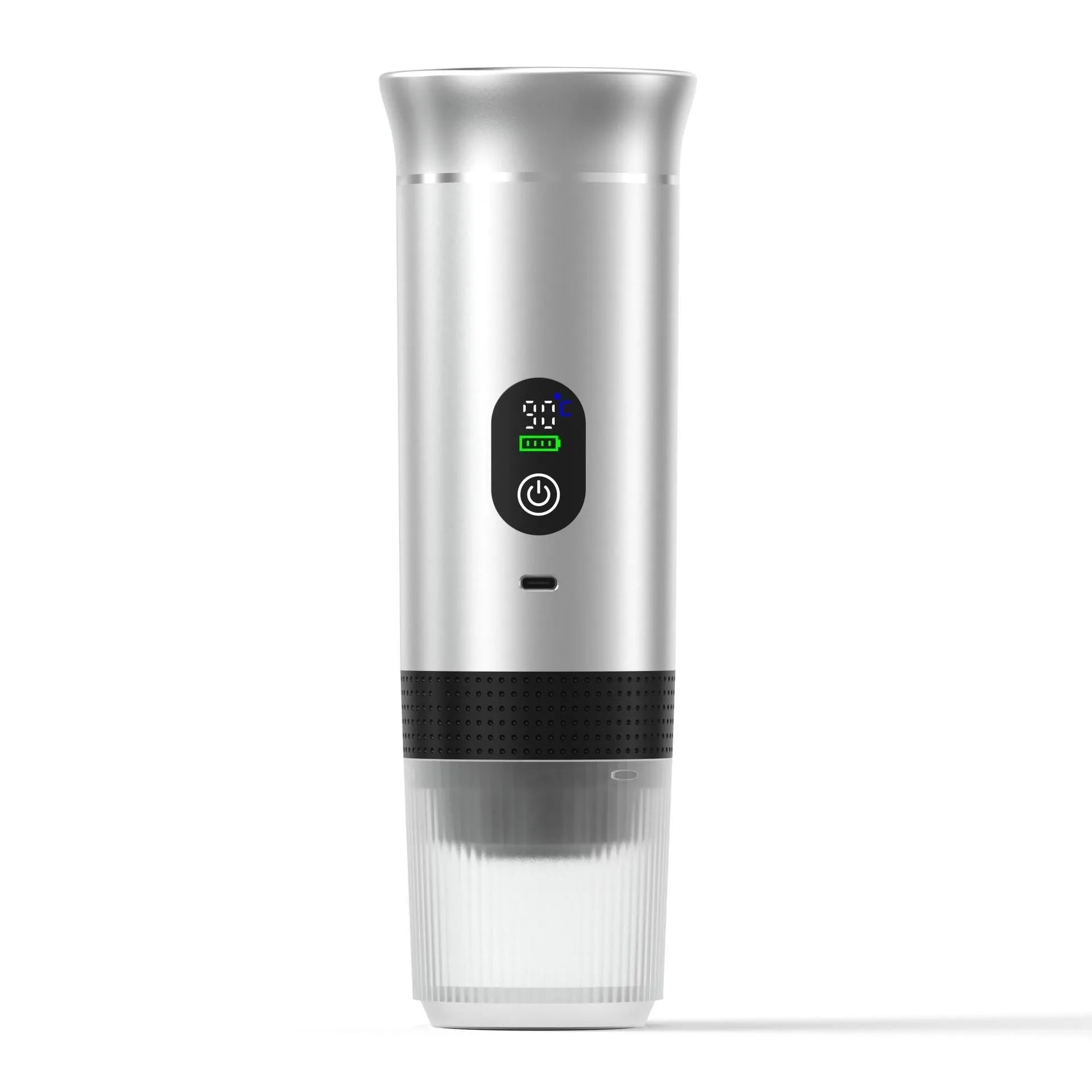 Black portable electric capsule coffee machine with LCD display for use in cars and outdoor travel