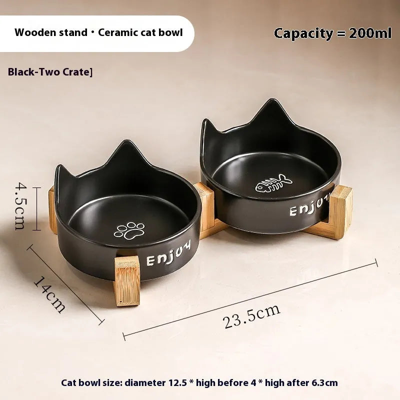 Porcelain cat bowls with wooden frame in cat ear paw design