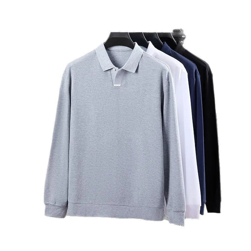 Men's grey loose-fit long sleeve cotton polo shirt with a lapel collar on a hanger.