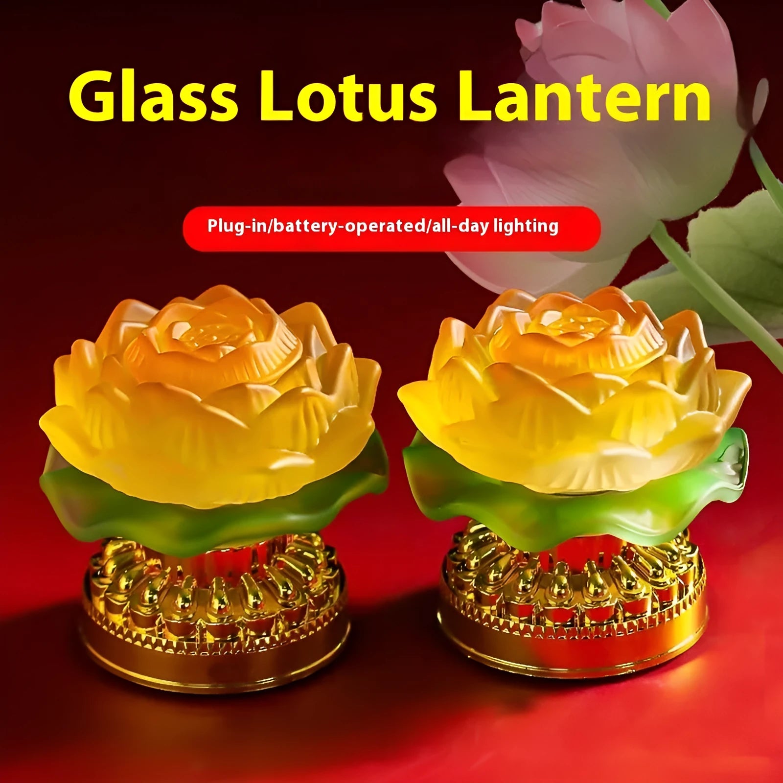 Yellow Chinese-style lotus lamp for Buddha altar decor in flower bud or flowering form