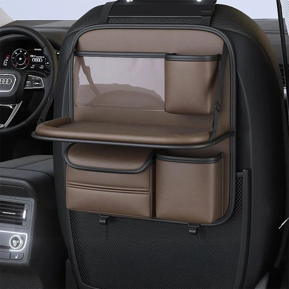 Leather car seat storage bag in black with handle and foldable dining table