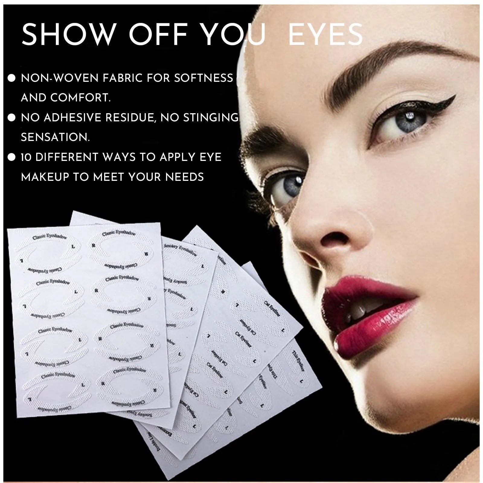 Set of four reusable flexible vinyl eyeliner and eyeshadow makeup stencil stickers on a table.