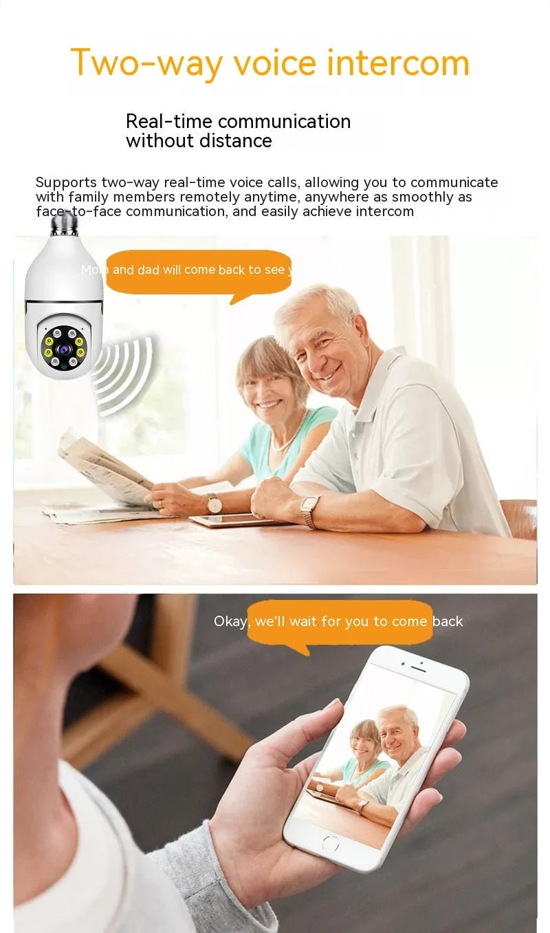 White wireless bulb security camera with a lens, shown next to a scale indicating its 5cm by 12cm dimensions.